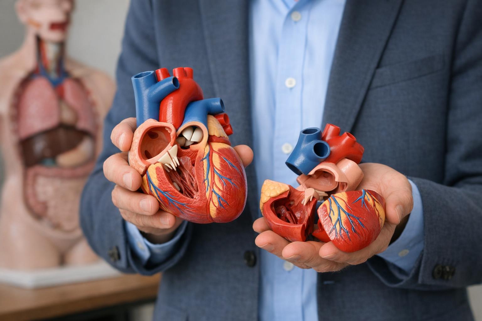 Edukacyjne modele anatomiczne: rozbieralny model serca w dłoniach wykładowcy